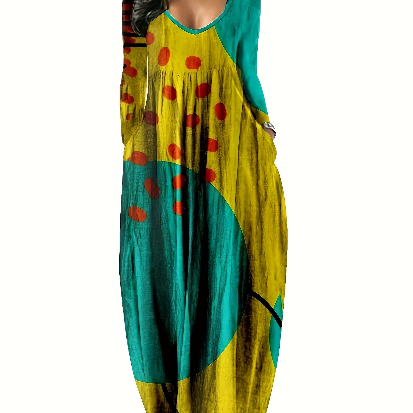 V-Neck Maxi Dress With Long Sleeves A-Line Silhouette