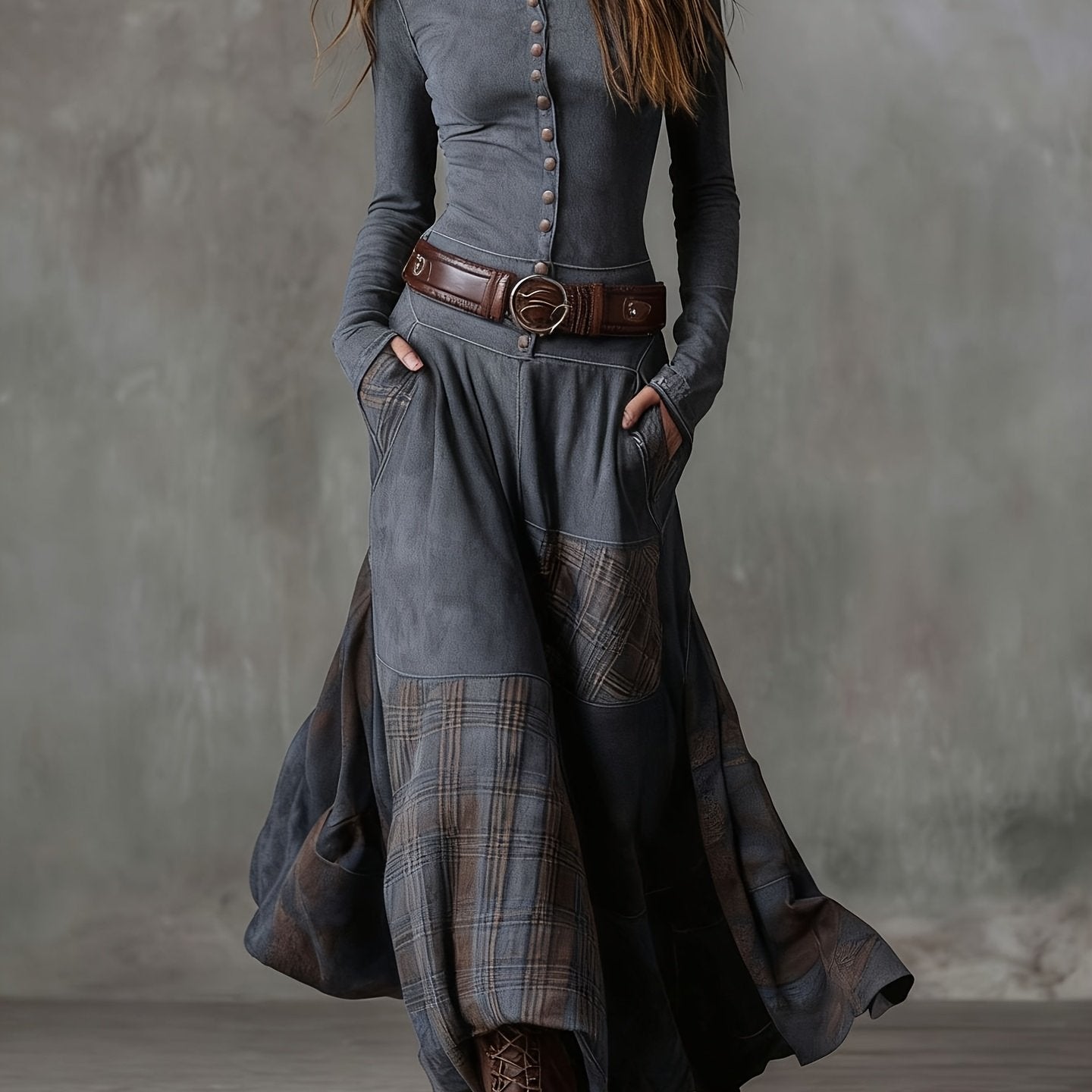 ZAFUL Autumn Vintage Plaid Patchwork Dress With Pockets And Buttons