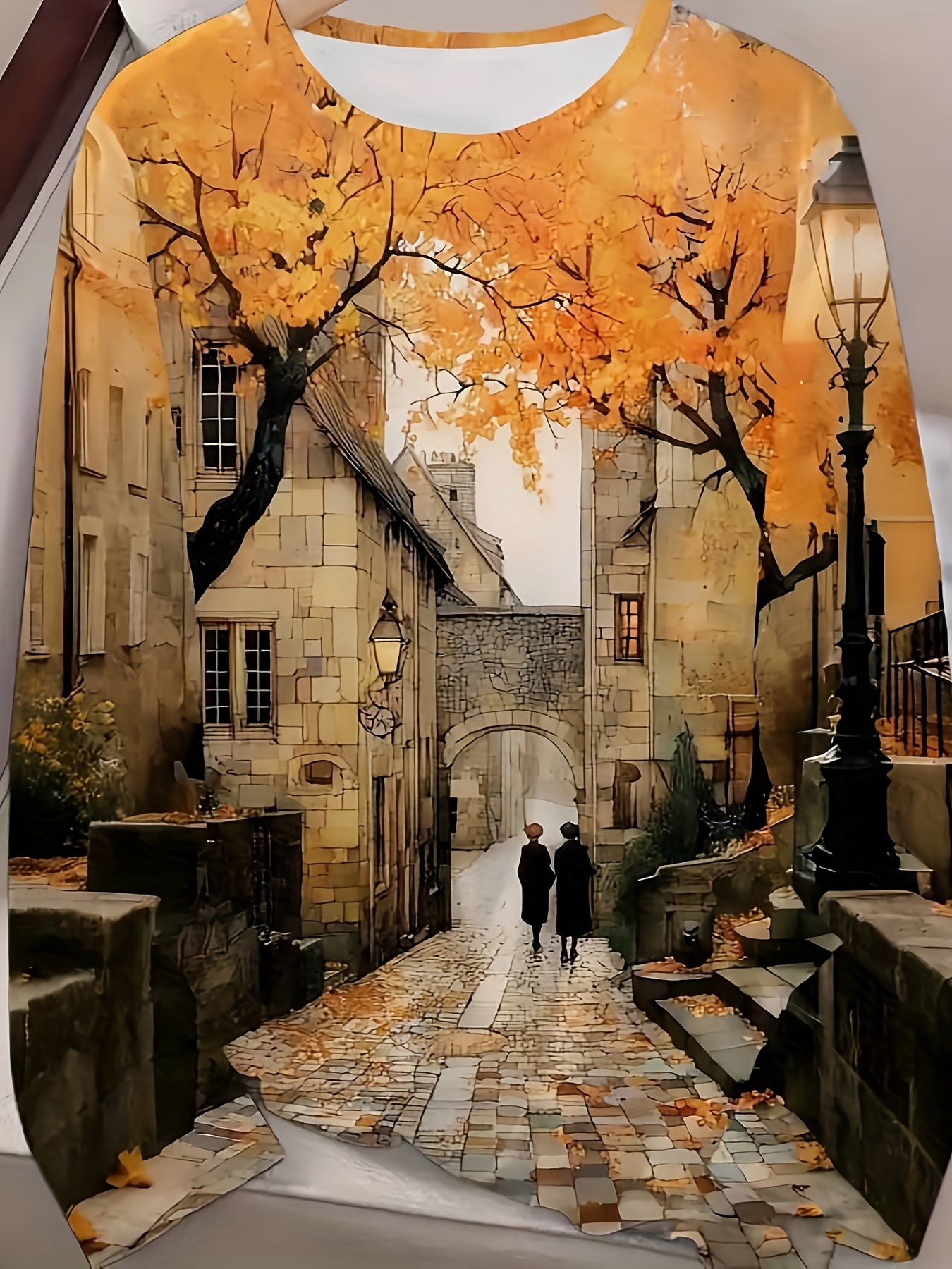 Amsterdam Canal Cobblestone Print Blouse Long Sleeve Casual Round Neck