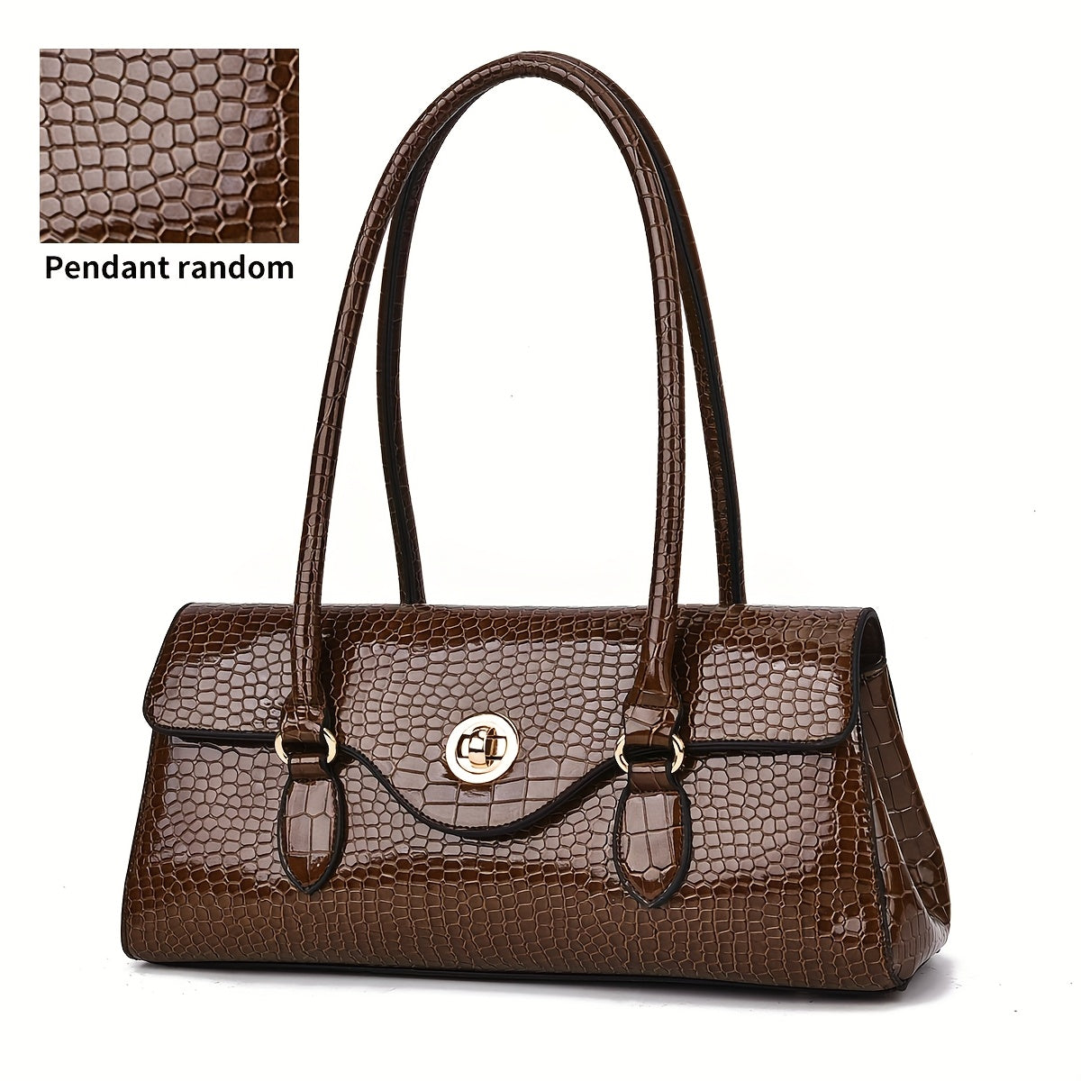 Crocodile Texture Handbag With Gold Tone Turn Lock Convertible Crossbody