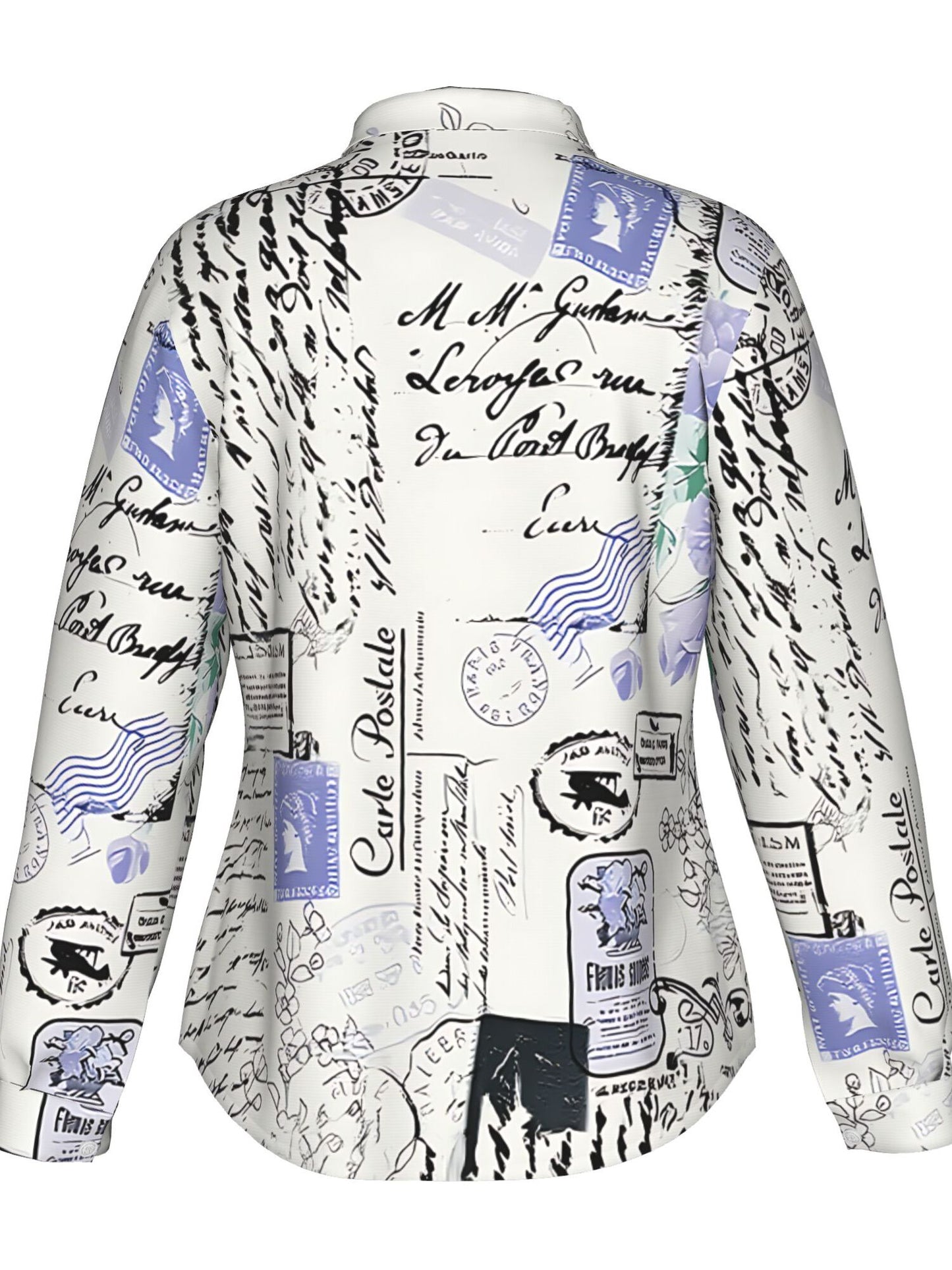 Women's French Inspired Postal Stamp Print Shirt Jacket Blouse