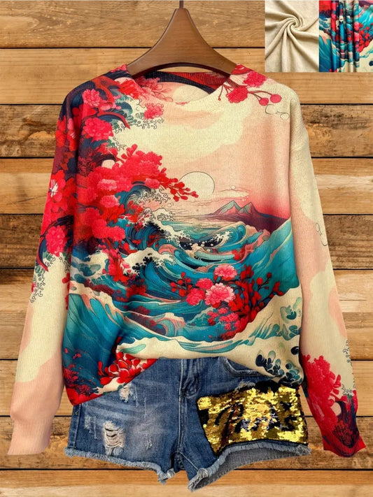 Japanese Art Inspired Cherry Blossom And Great Wave Sweater
