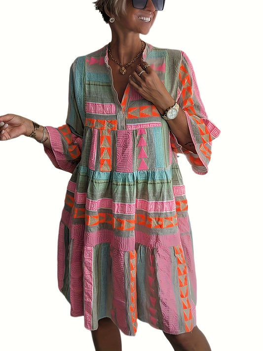 European American Autumn Print V Neck Quarter Sleeve Dress