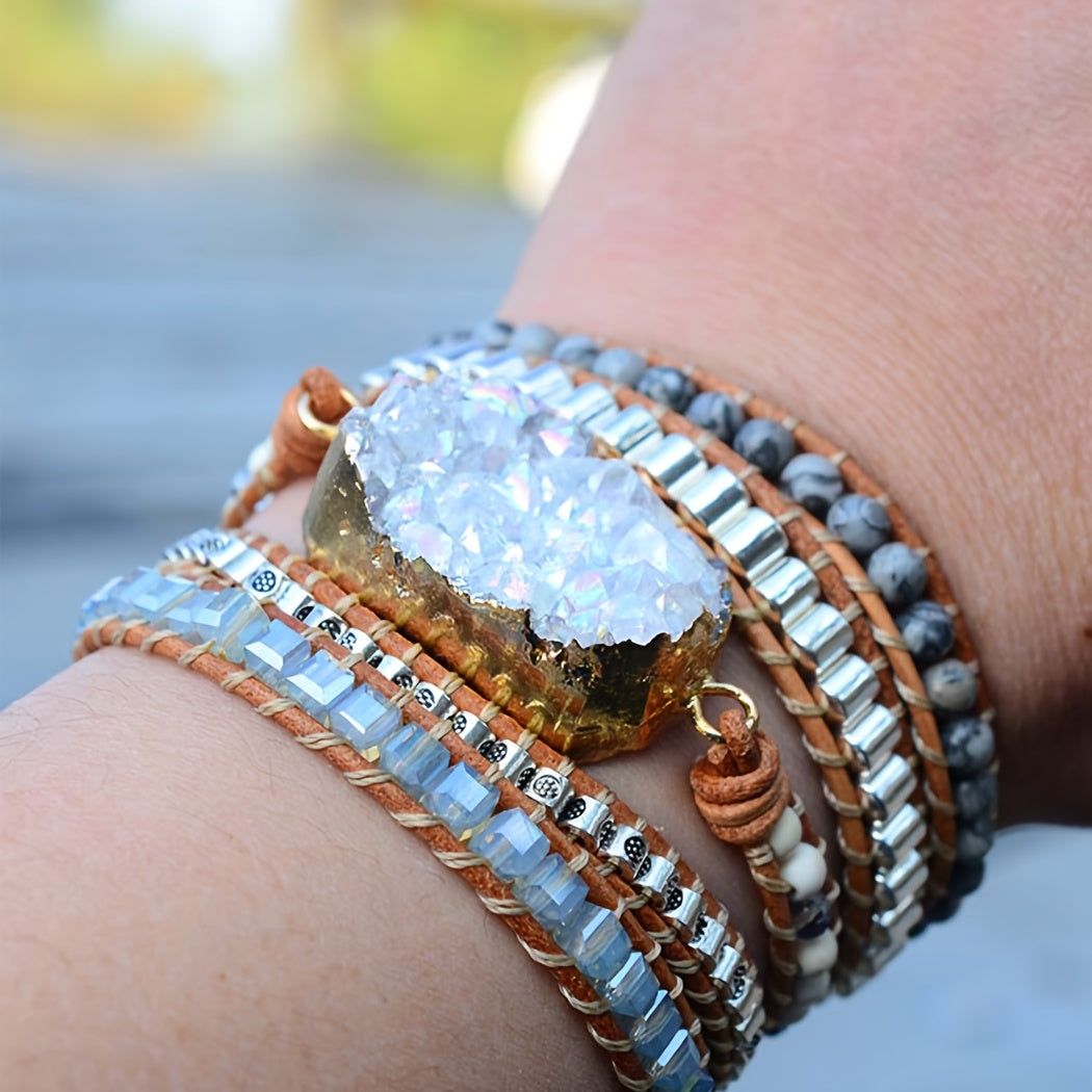 Boho Handmade Natural Stone Druzy Quartz Wrap Bracelet Jewelry