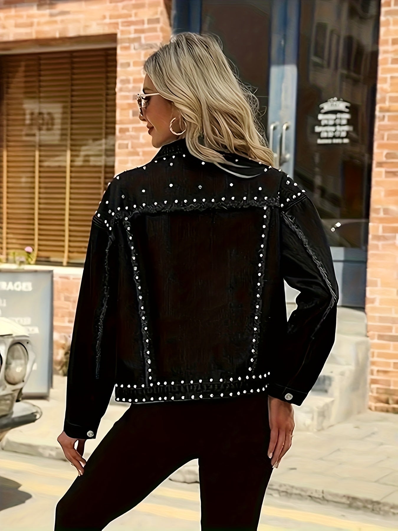 HMEC Studded Denim Jacket Women Biker Style Non Stretch