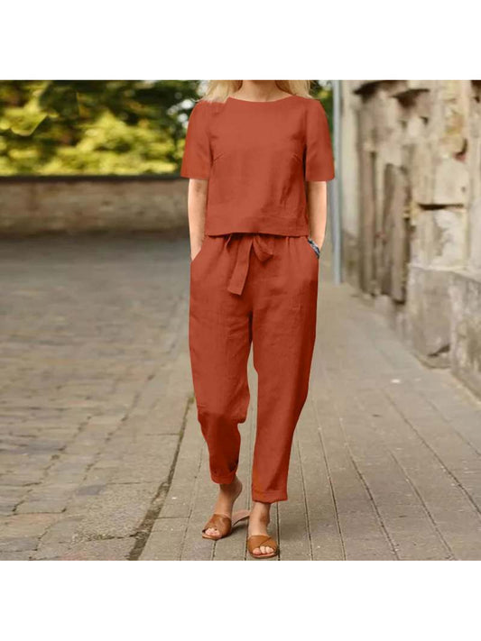 Womens Linen Summer Retro Matching Set With Oversized Blouse