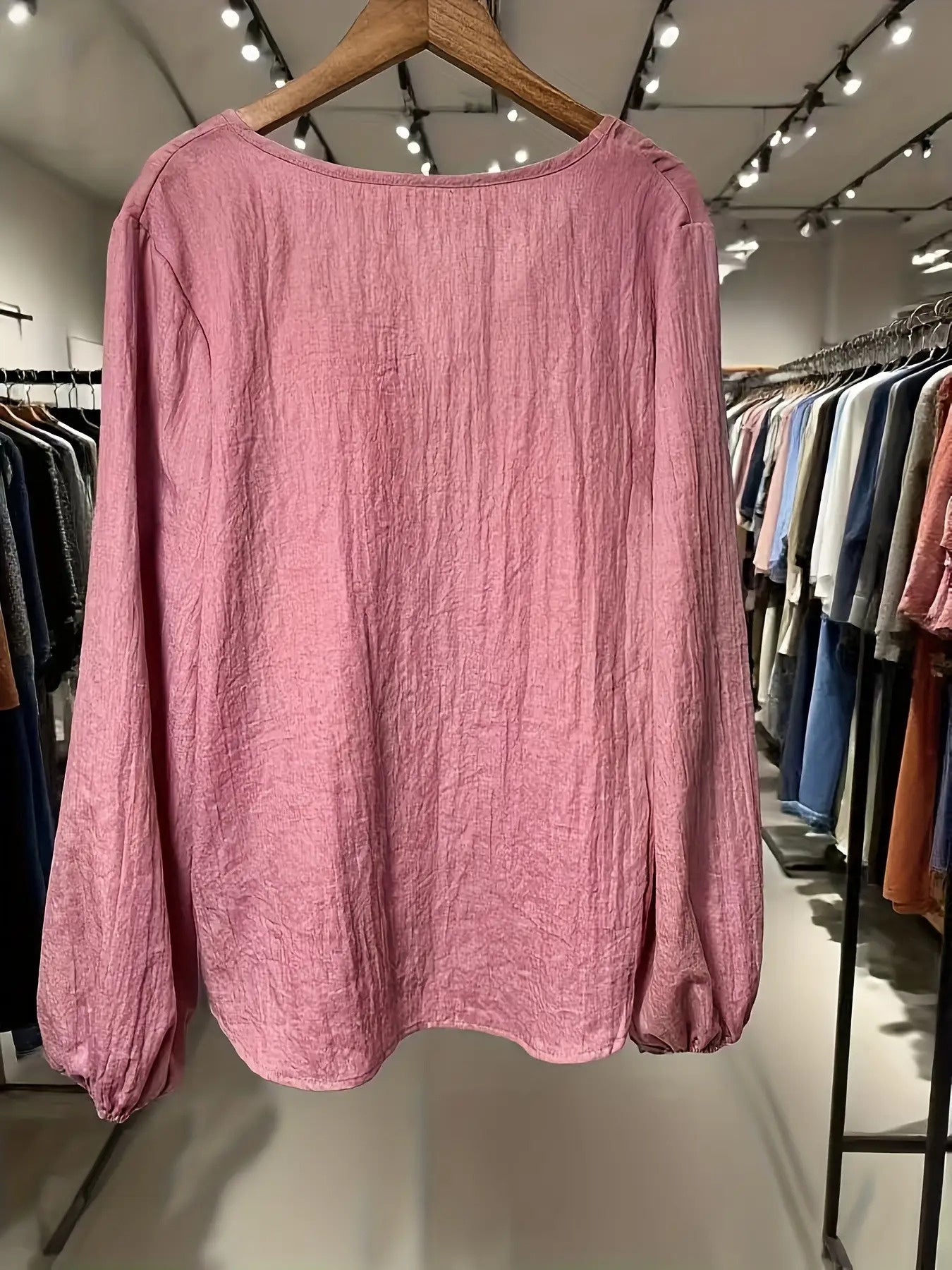 Linen Long Sleeve Vneck Top For Women Button Front Blouse