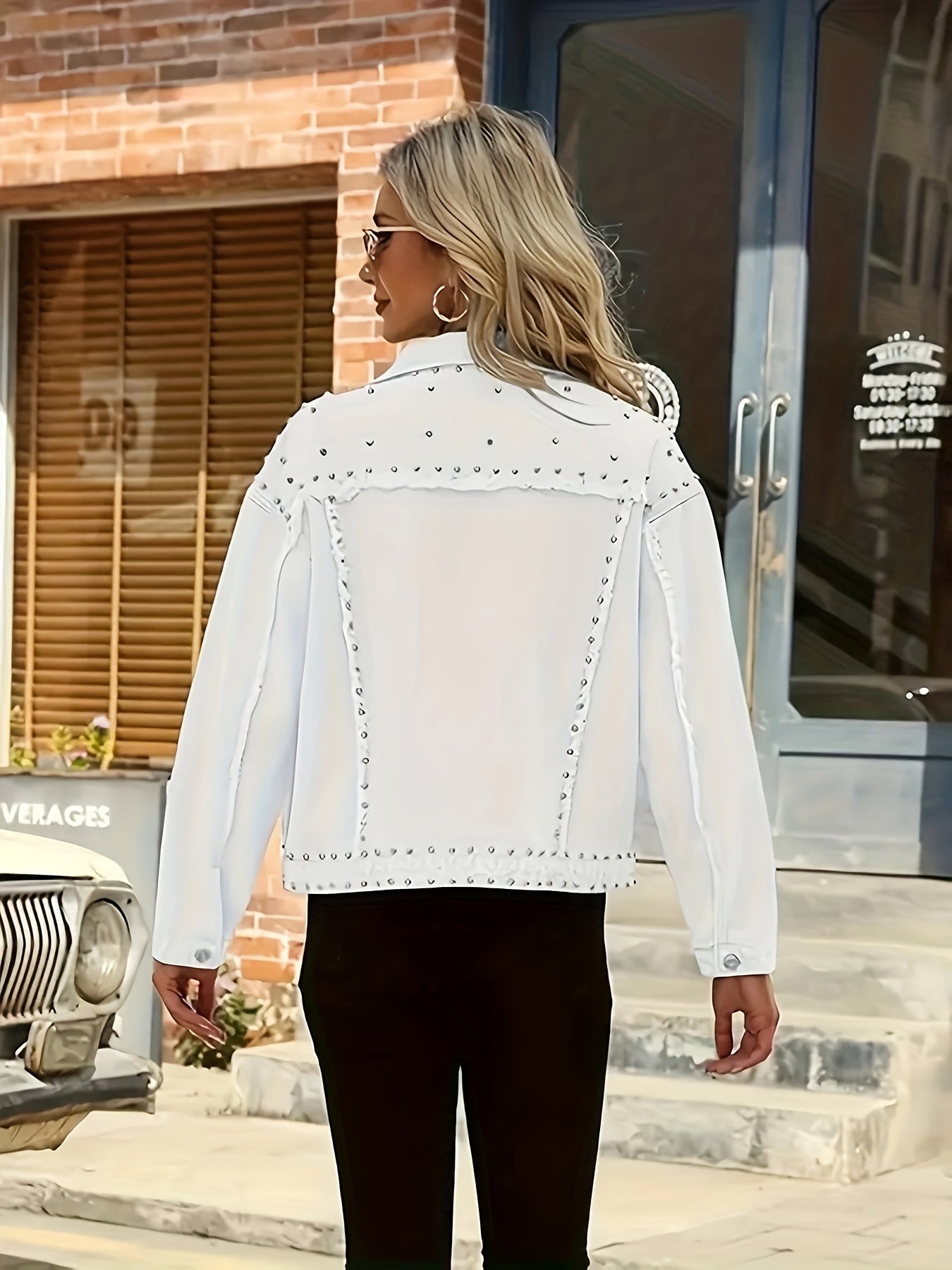 HMEC Studded Denim Jacket Women Biker Style Non Stretch