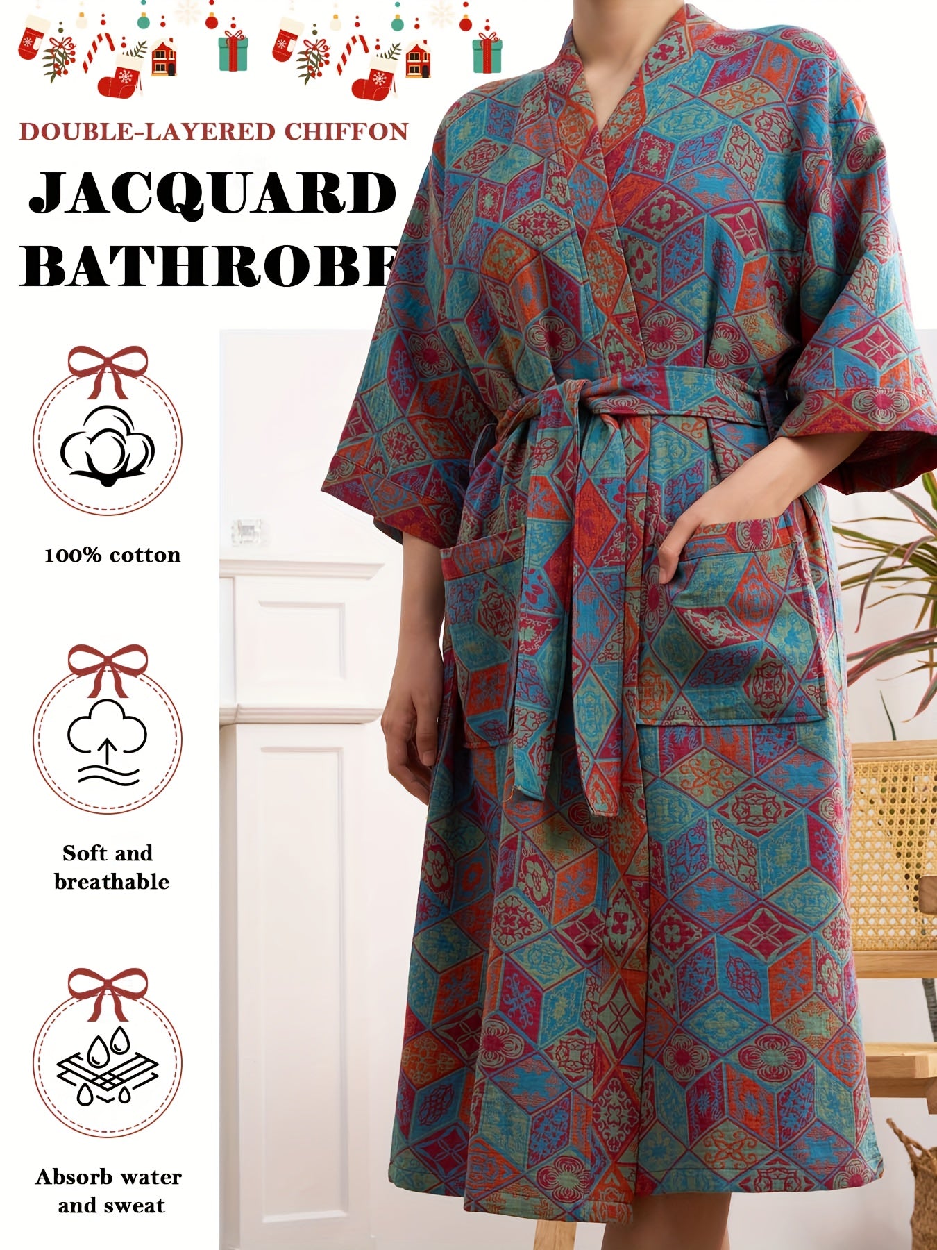Mach Double Gauze Bathrobe With Pockets Lightweight Bohemian Floral Kimono