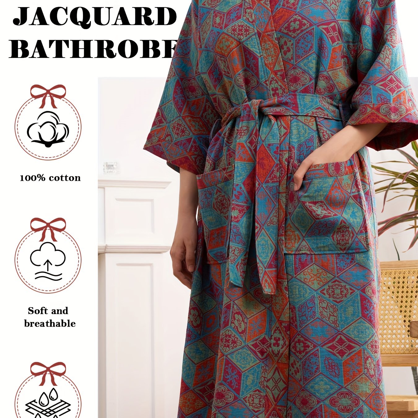 Mach Double Gauze Bathrobe With Pockets Lightweight Bohemian Floral Kimono