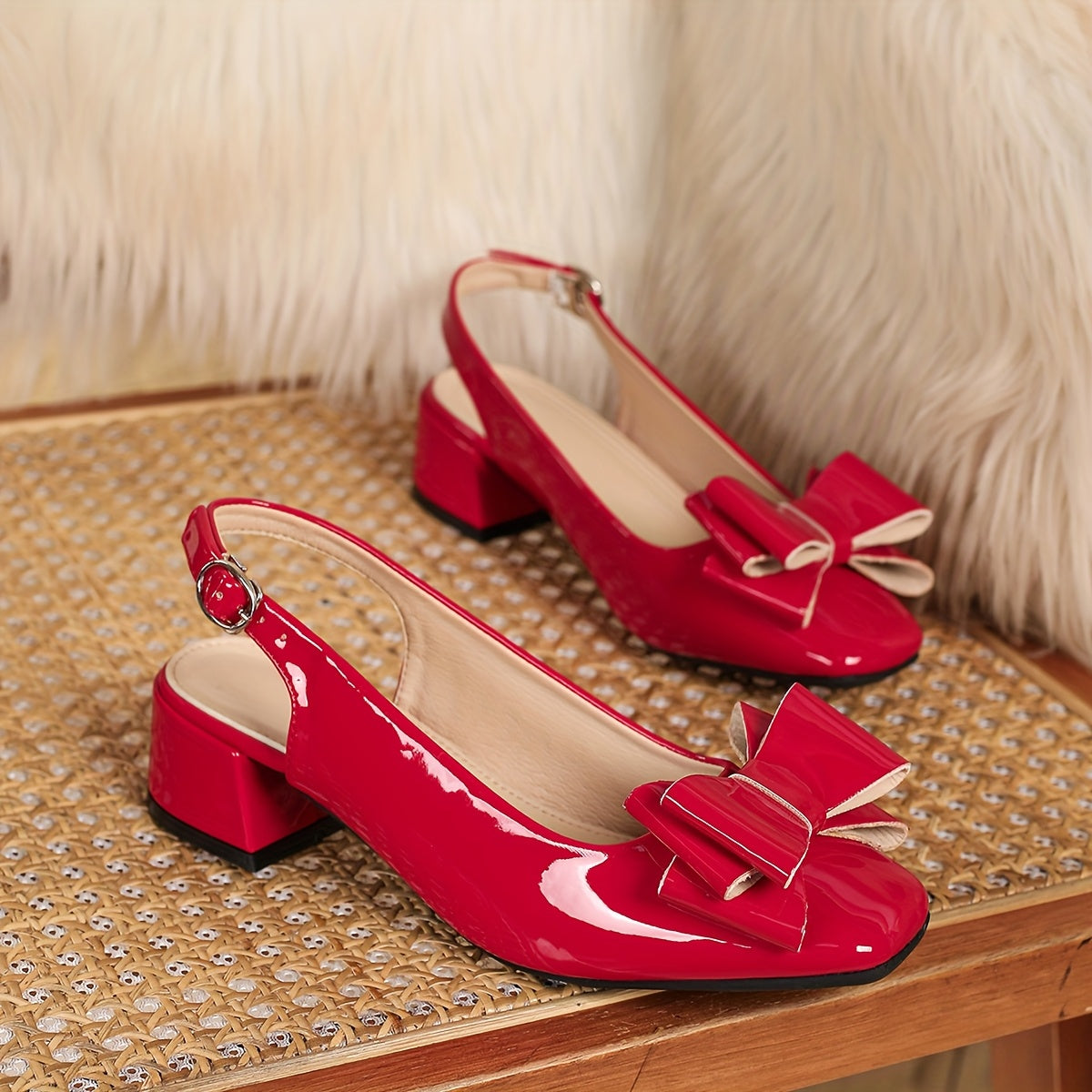 Glossy Square Toe Sandals With Bow Detail And Block Heel