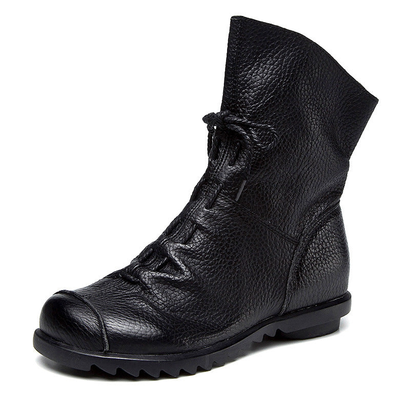 Women Genuine Leather Chunky Platform Ankle Boots Retro Lace Up Round Toe Western Style All Season Rubber Sole Zipper