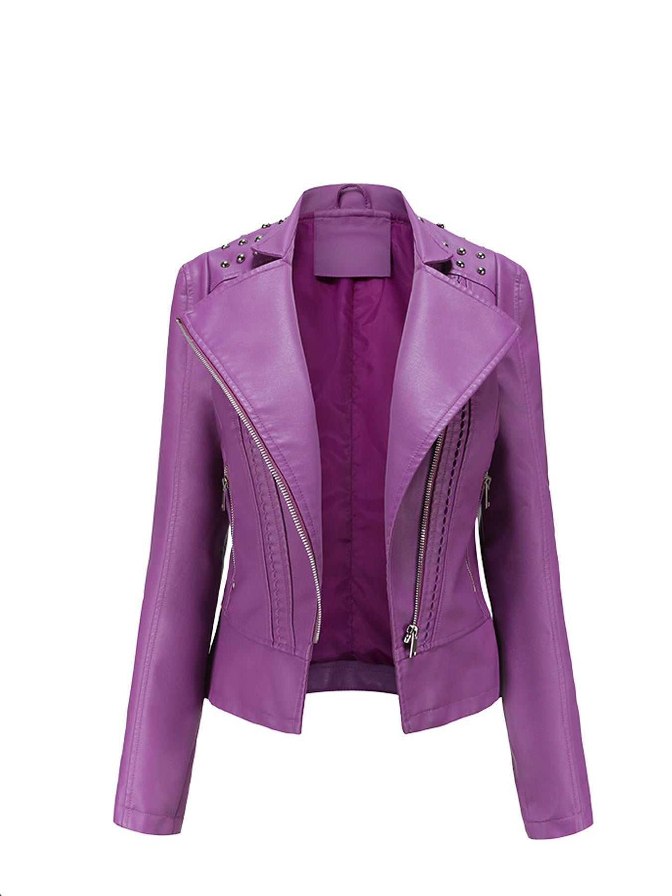 Scacto Women's Faux Leather Lapel Jacket With Beaded Studded Collar