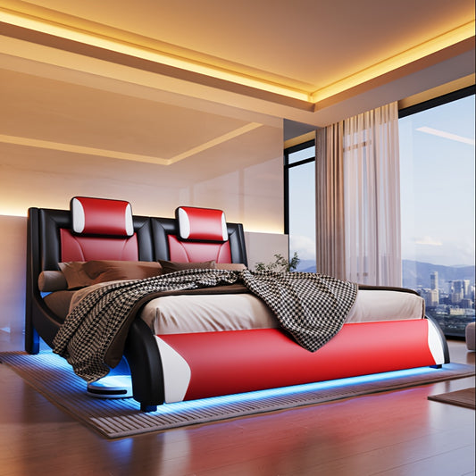 LUXOAK Platform Bed Faux Leather With LED Lighting