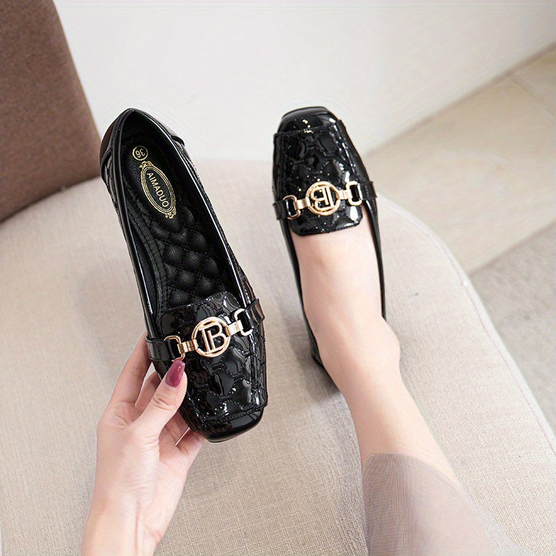 Women's Square Toe Loafers With Golden Chain Accent Quilted Flats