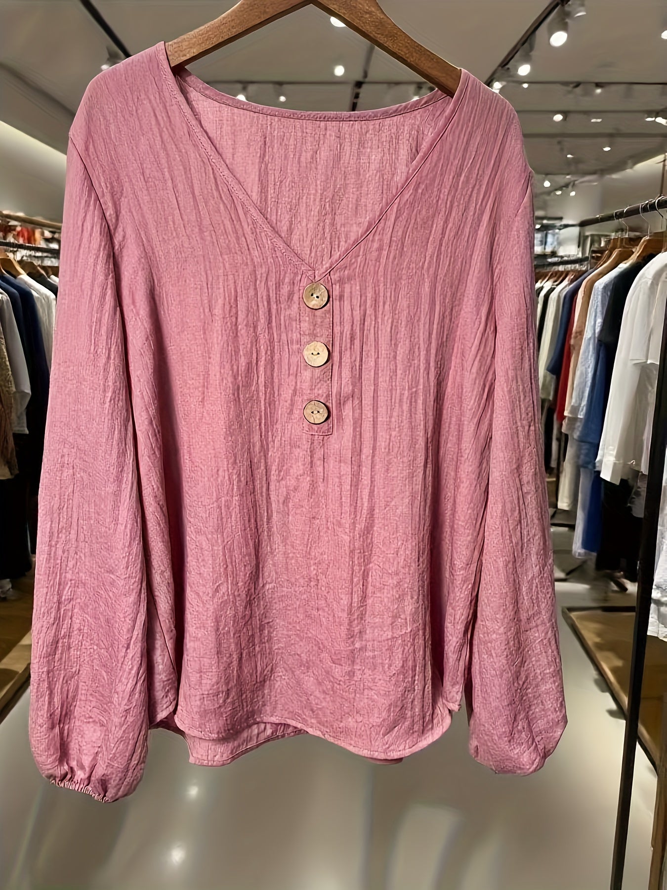 Linen Long Sleeve Vneck Top For Women Button Front Blouse