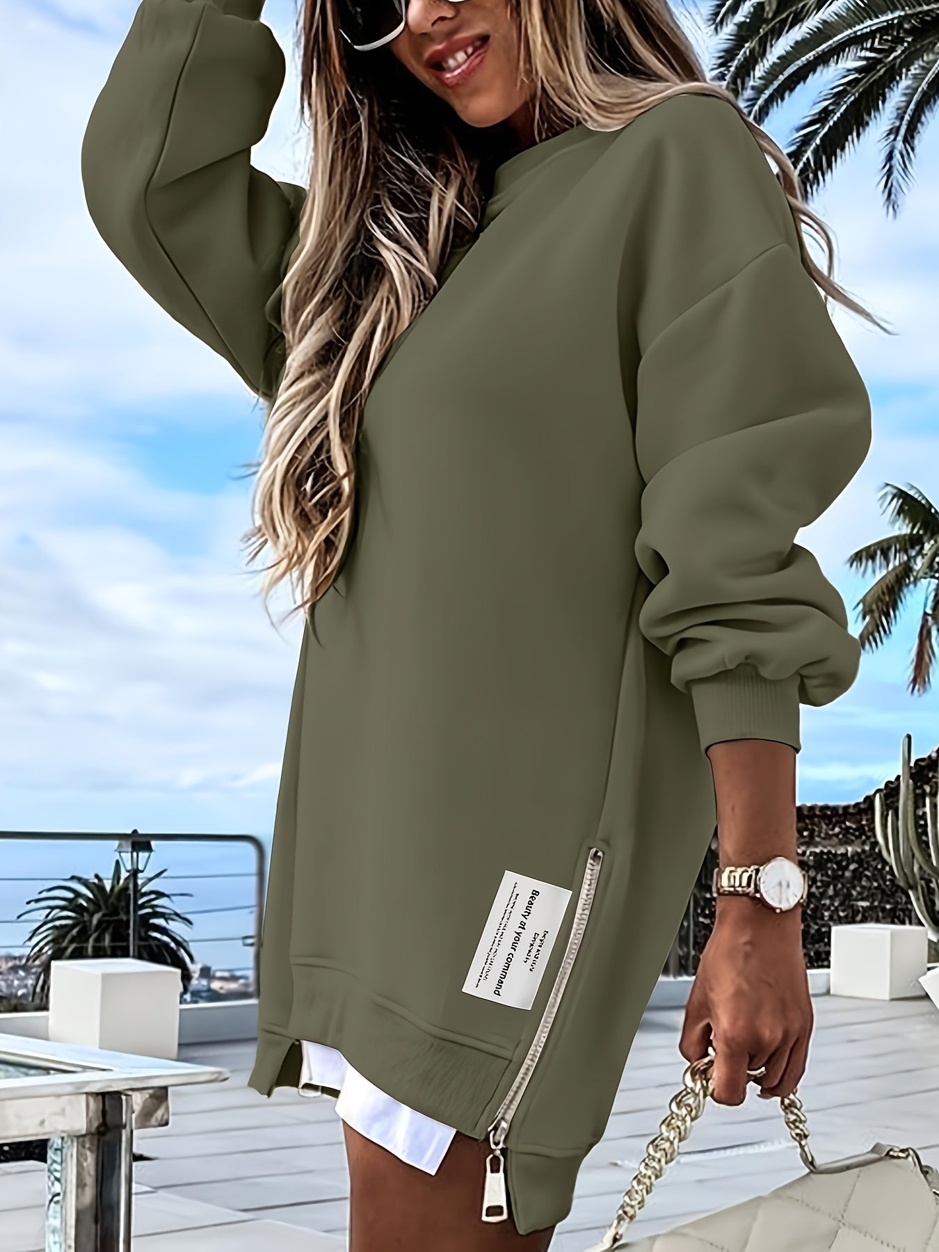 Chicme Zipper Embellished Crew Neck Sweatdress Polyester Blend Modern Casual Women Dress