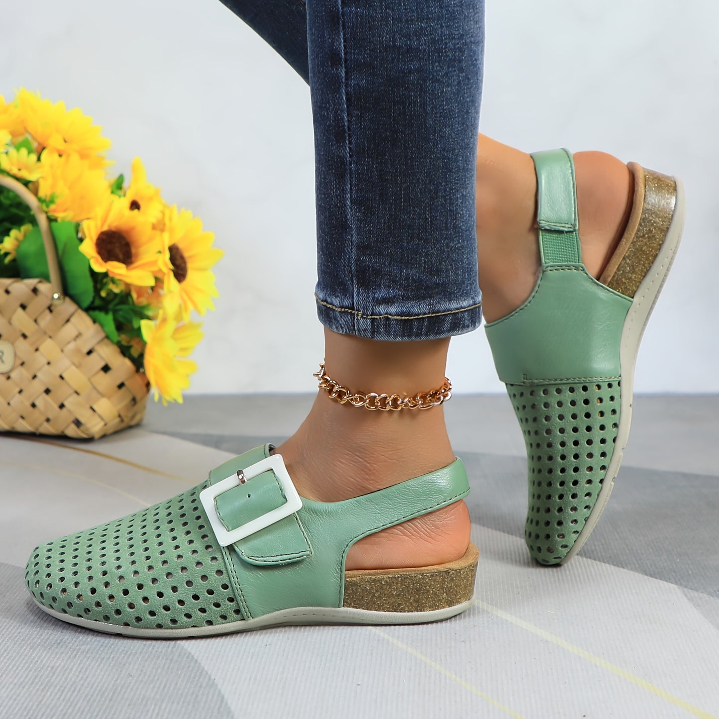 Womens Perforated Genuine Leather Flats With Breathable Slingback