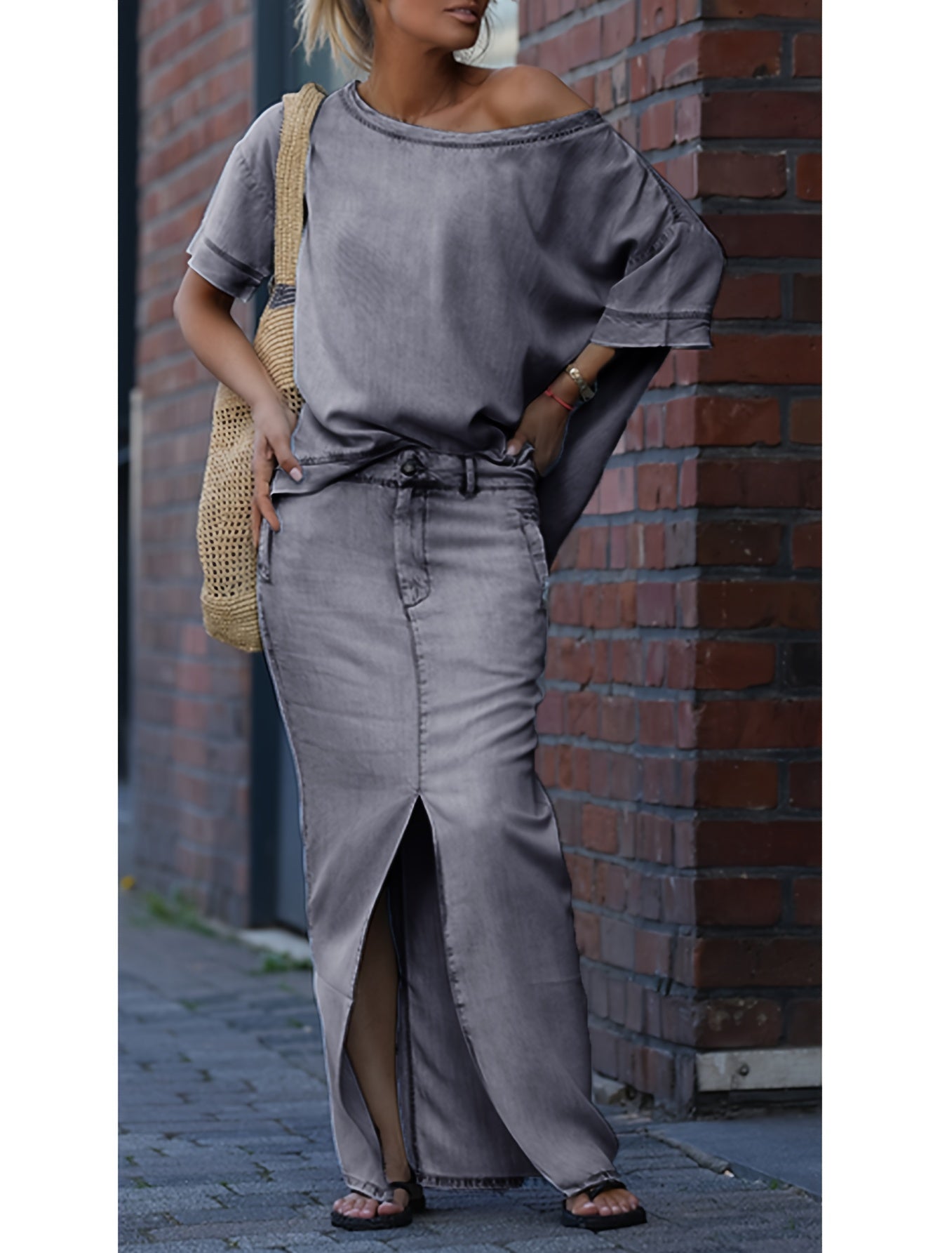 Denim Off-Shoulder Skirt Two-Piece Set For Spring Summer