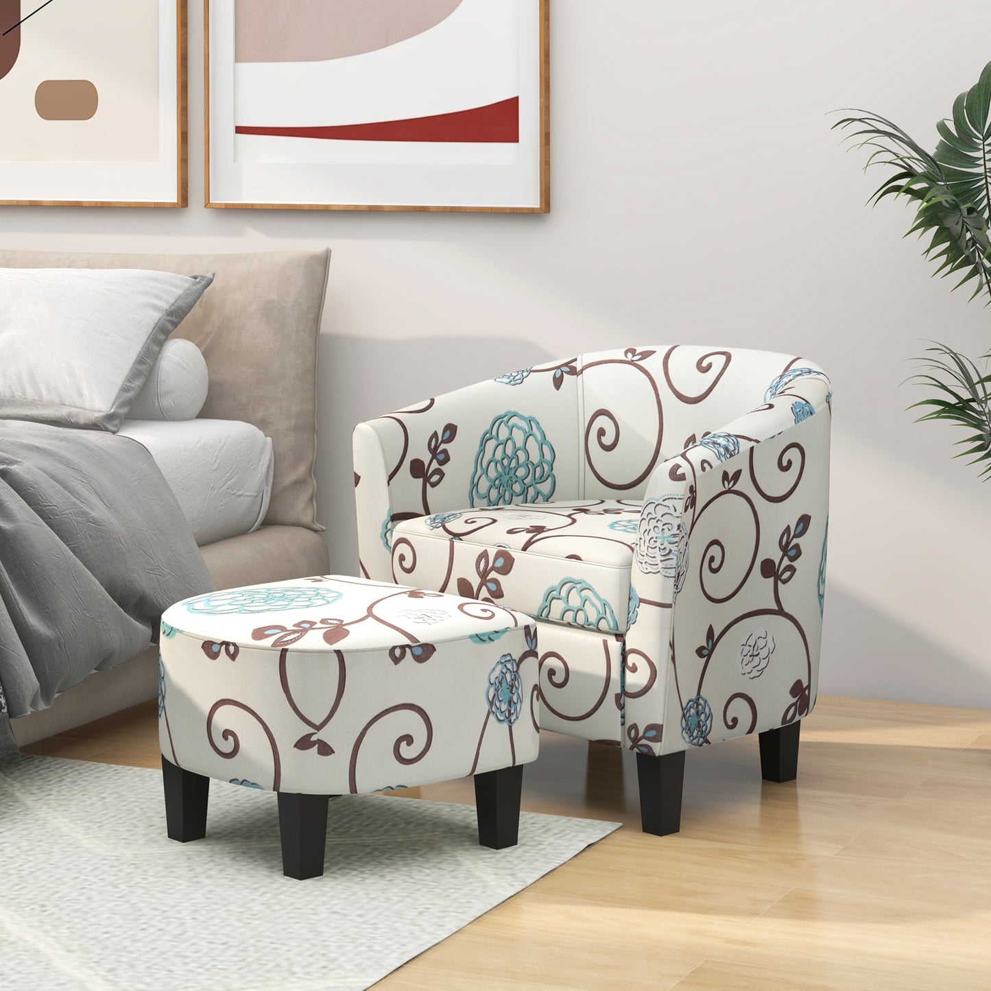 COSTWAY Accent Chair With Ottoman Modern Upholstered Barrel Chair With Footrest Living Room