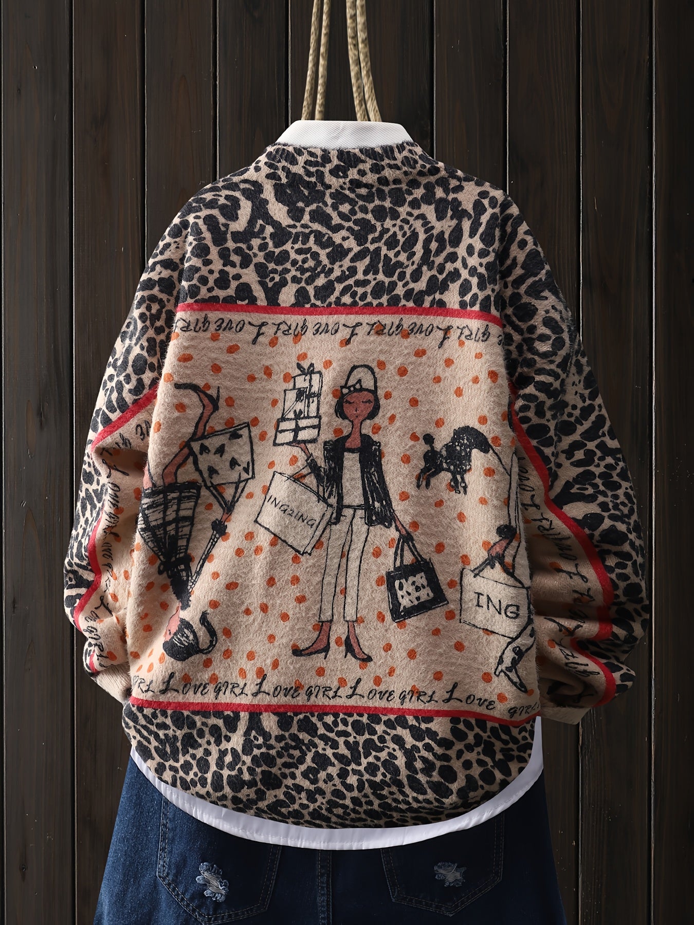 Floral Leopard Print Pullover Long Sleeve Round Neck Womens Top