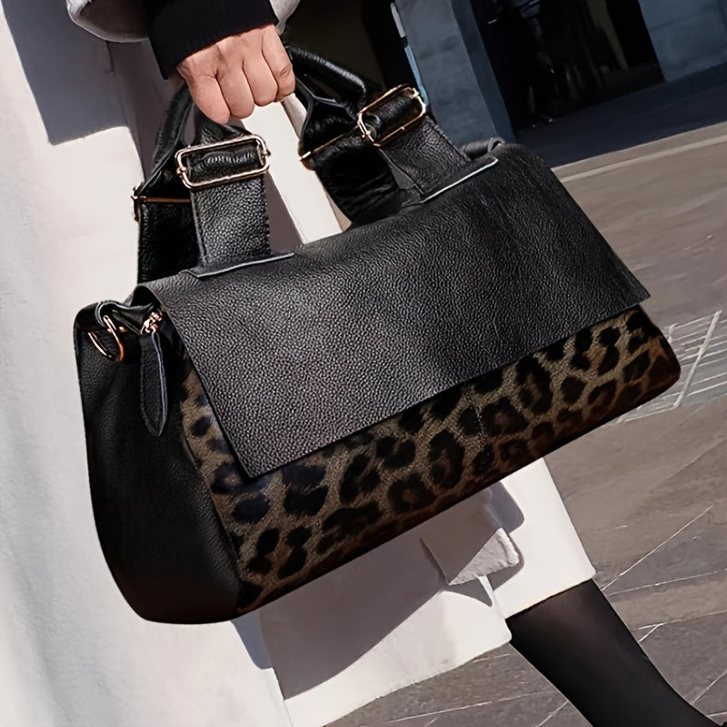 Genuine Leather Boston Bag With Leopard Print Zipper Closure