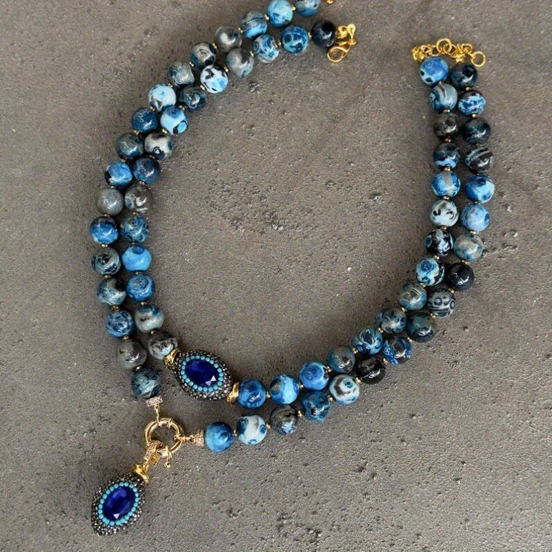 Boho Natural Stone Necklace With Golden Copper Beads Oval Pendant