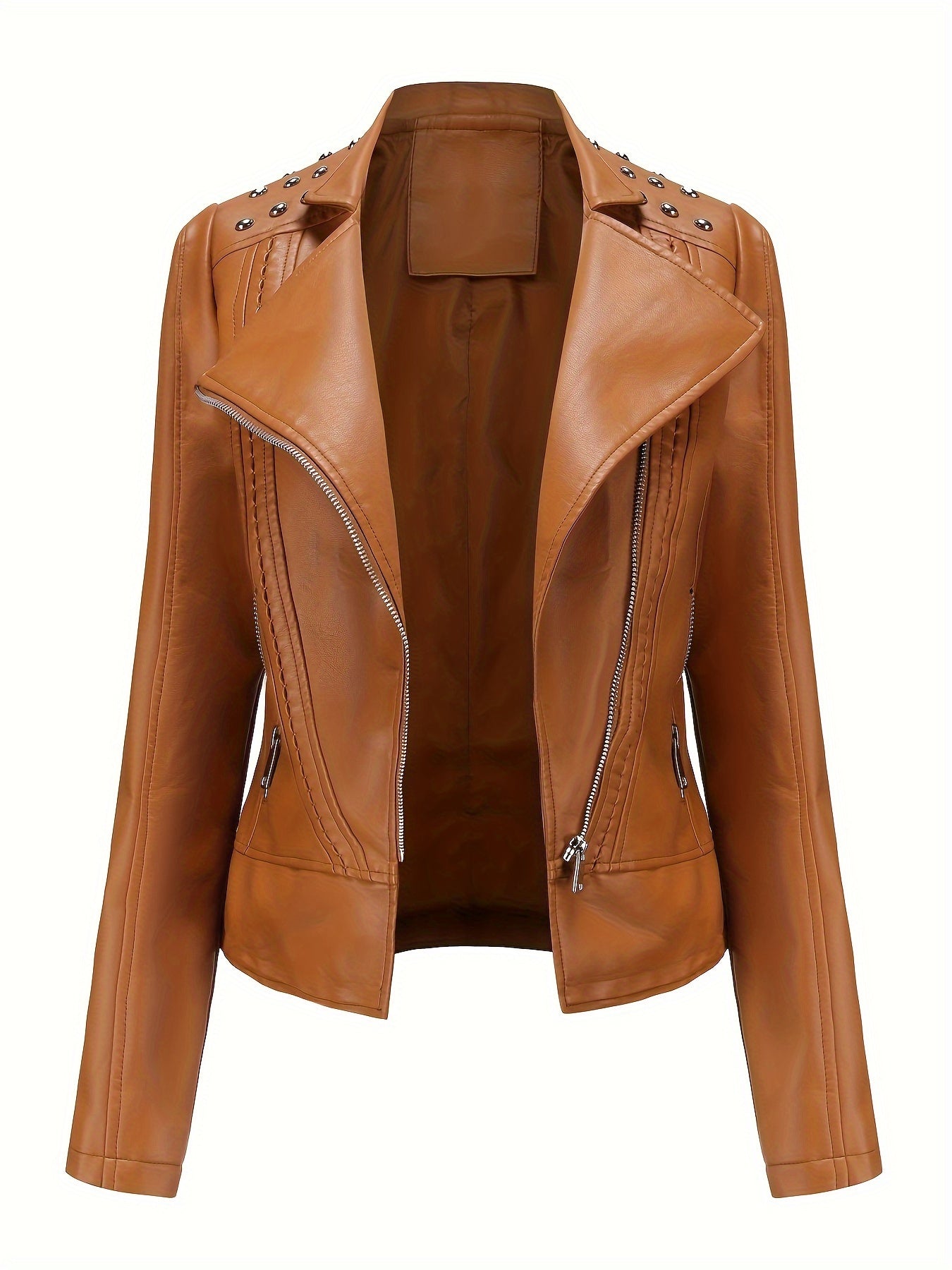 Scacto Women's Faux Leather Lapel Jacket With Beaded Studded Collar