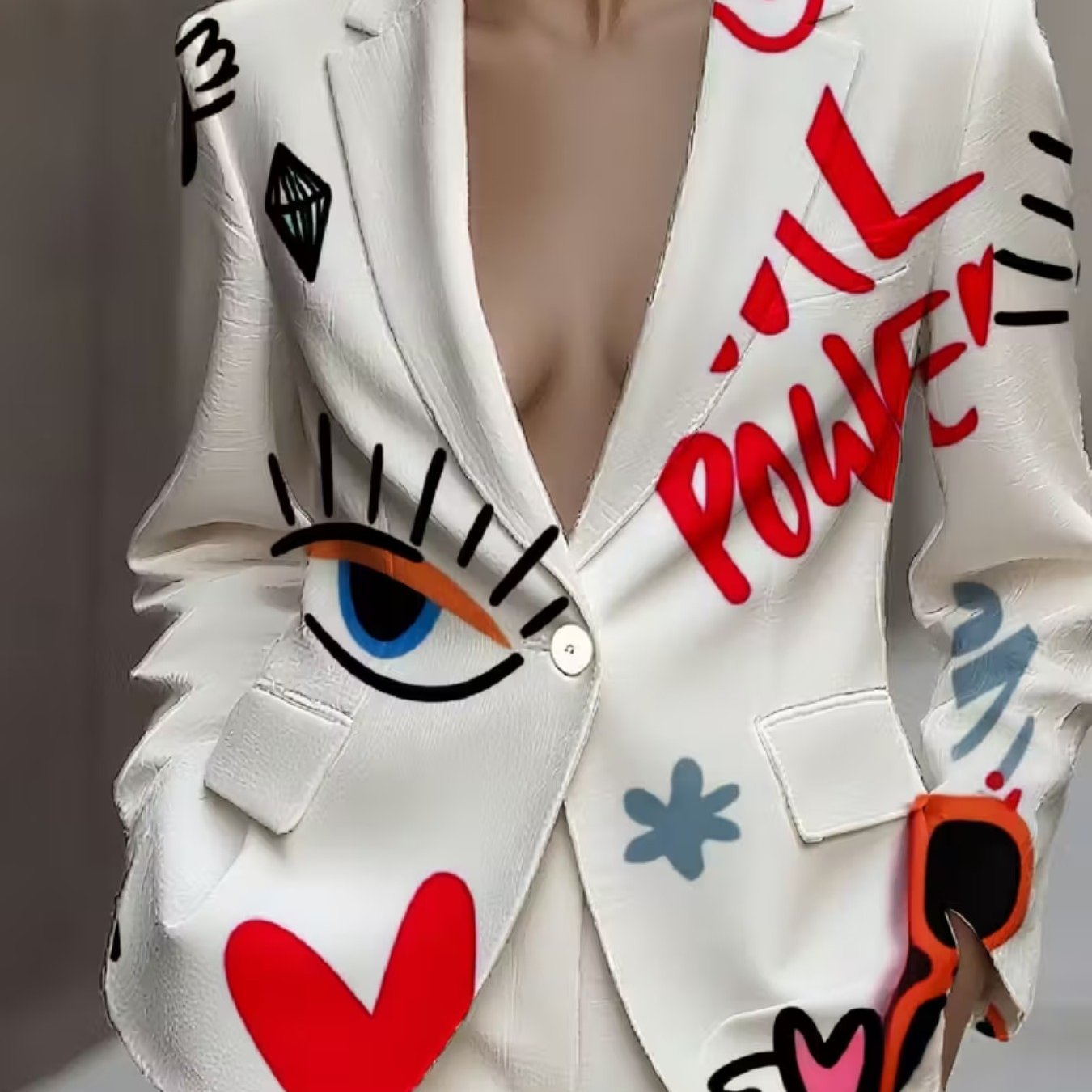 Womens Slim Fit Retro V Neck Blazer With Lettering HeartPrint