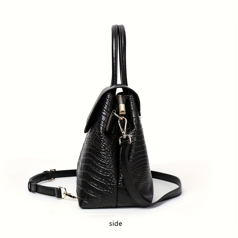 Luxury Crocodile Embossed Leather Handbag Tote With Buckle Closure