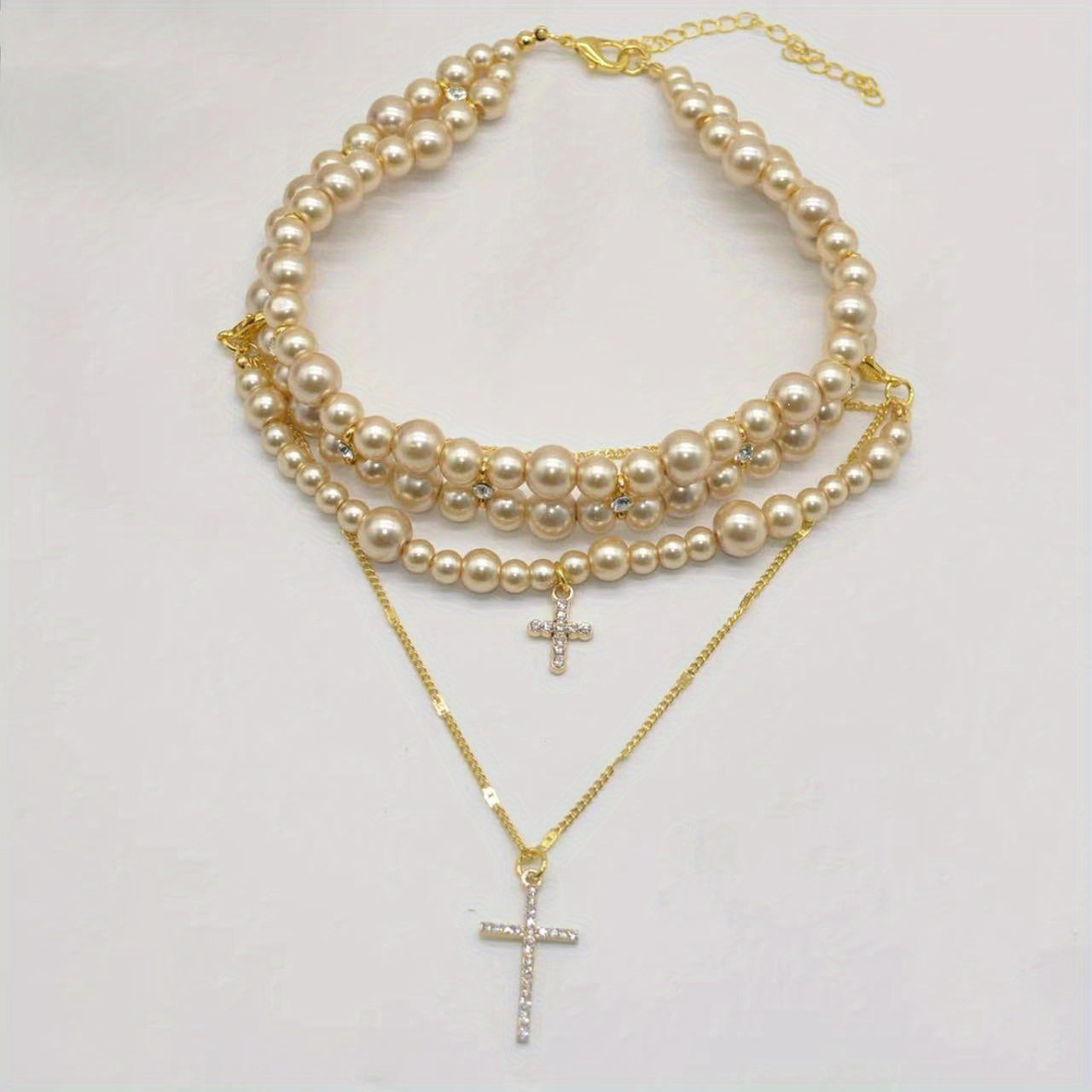 Layered Pearl Cross Pendant Necklace With Sweater Chain