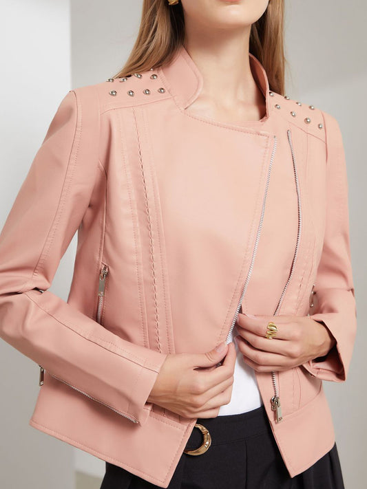 Scacto Women's Faux Leather Lapel Jacket With Beaded Studded Collar