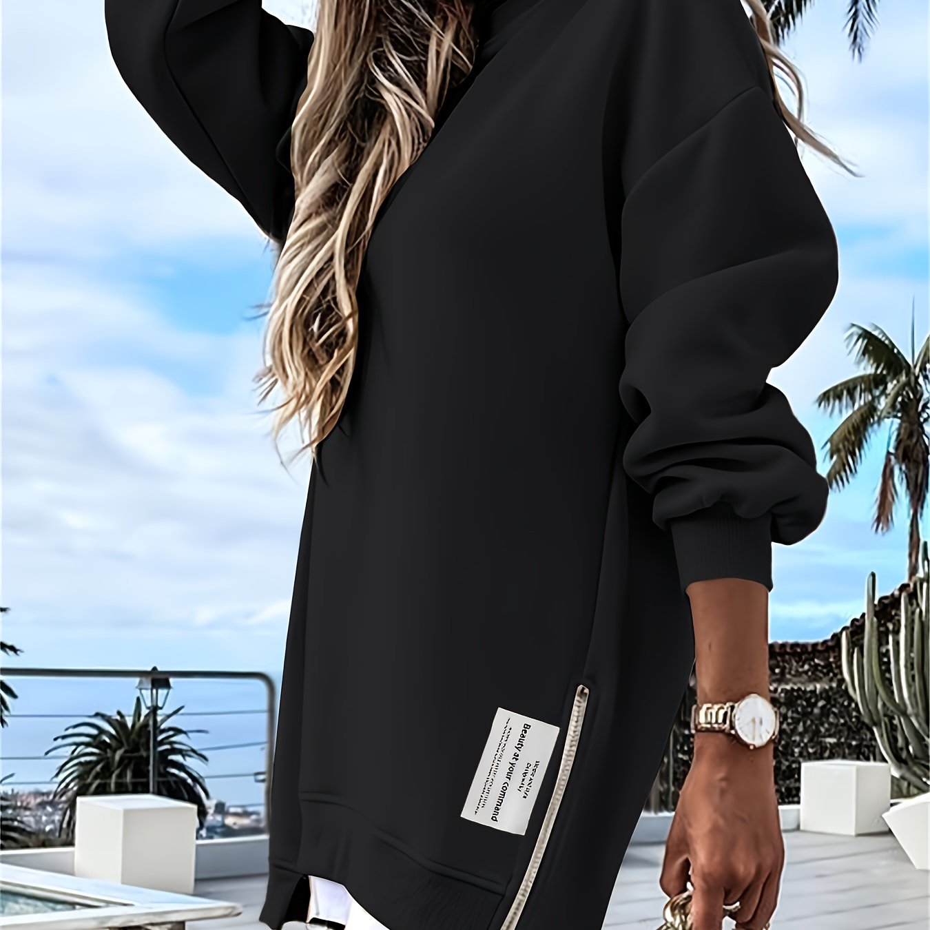 Chicme Zipper Embellished Crew Neck Sweatdress Polyester Blend Modern Casual Women Dress