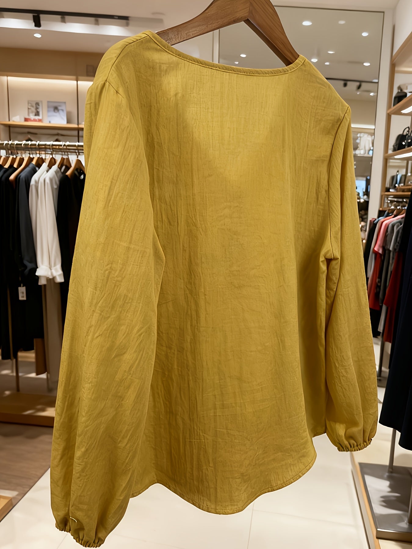 Linen Long Sleeve Vneck Top For Women Button Front Blouse