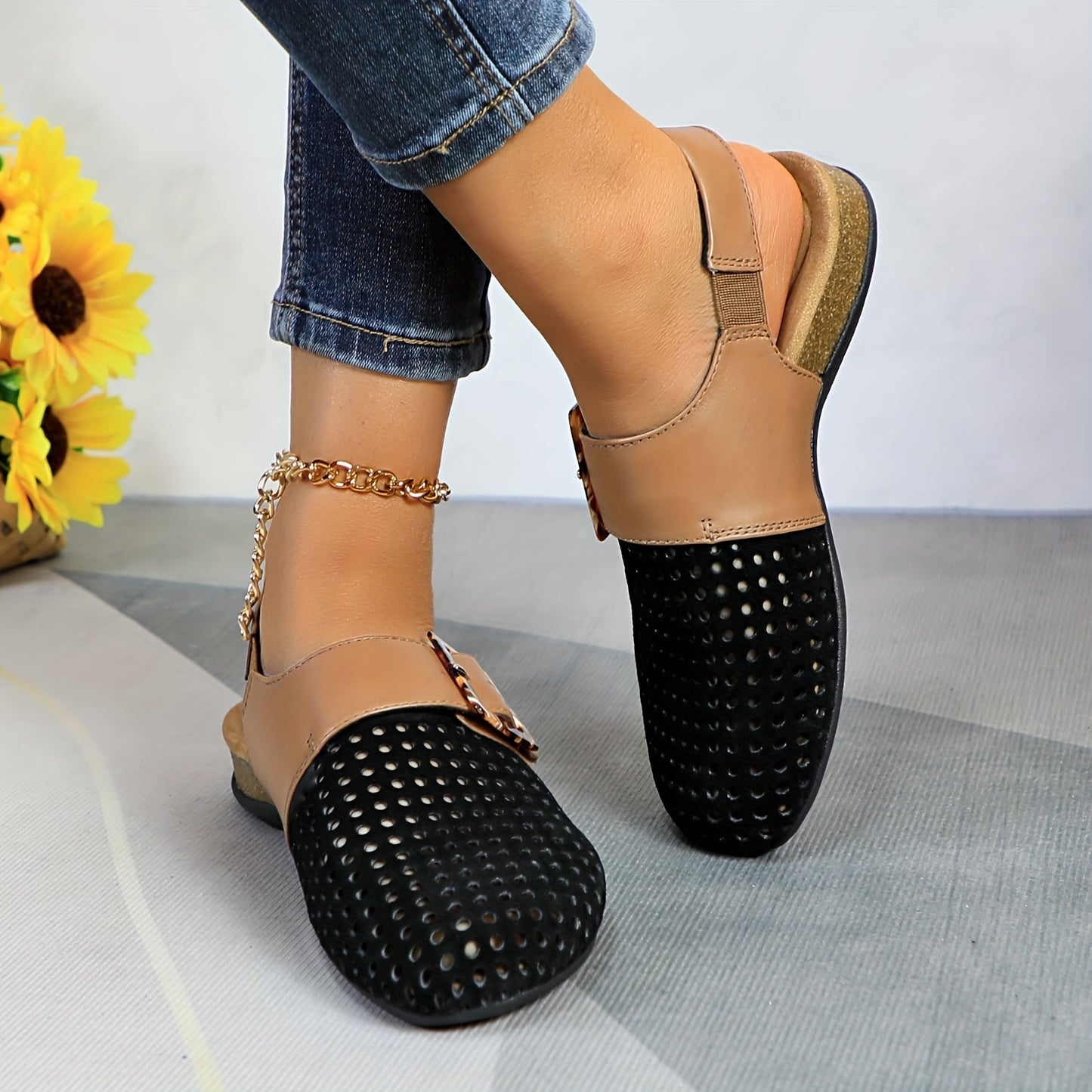 Womens Perforated Genuine Leather Flats With Breathable Slingback