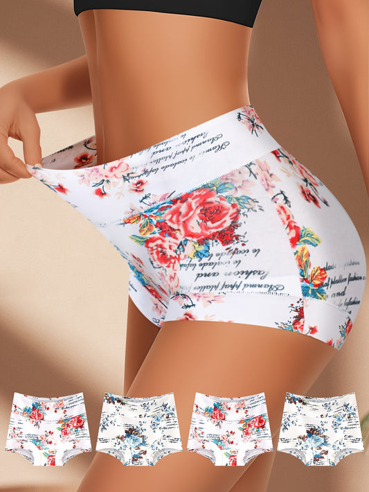 Quasti 4pc Women's High-Waist Cotton Shorts Floral Print