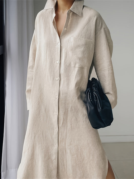 Lapel Collar Linen Shirt Dress Button Front Solid Color