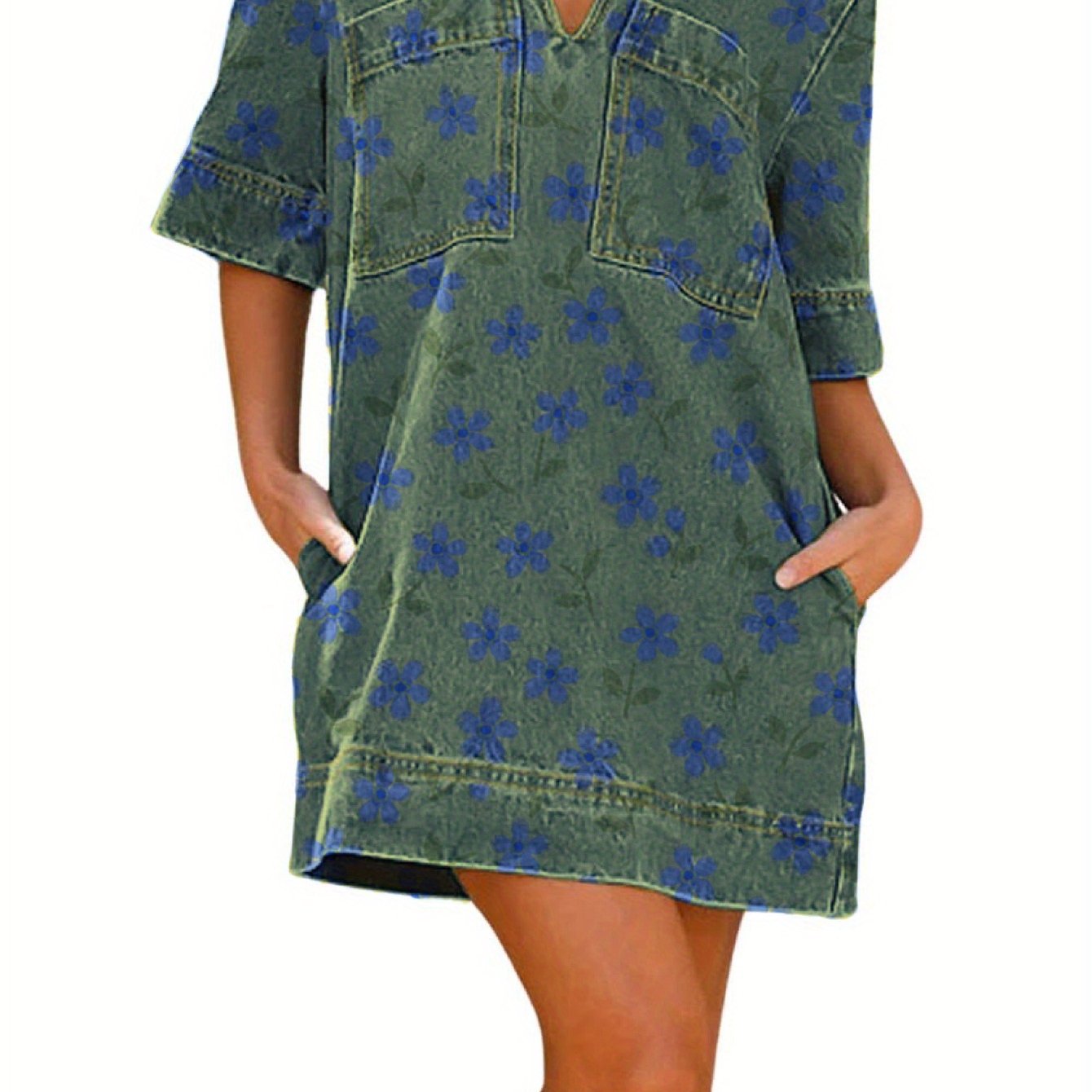 Denim Dress Floral Print Cotton Casual Summer Beachwear