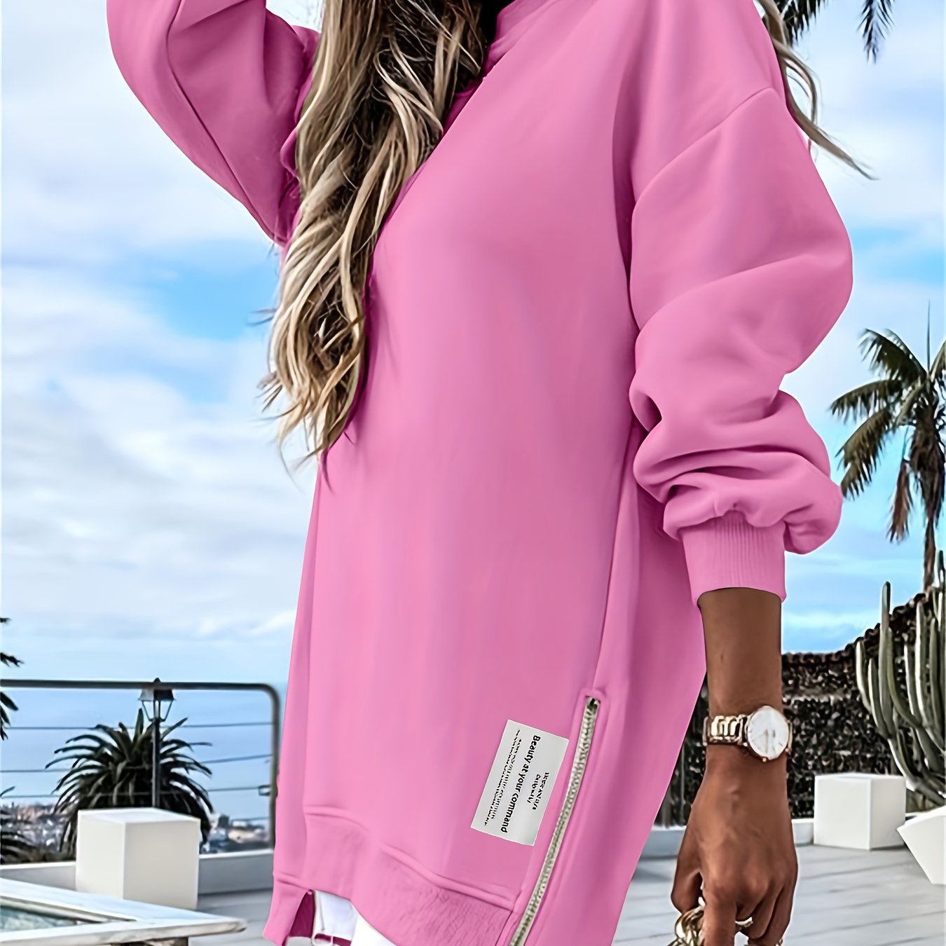 Chicme Zipper Embellished Crew Neck Sweatdress Polyester Blend Modern Casual Women Dress