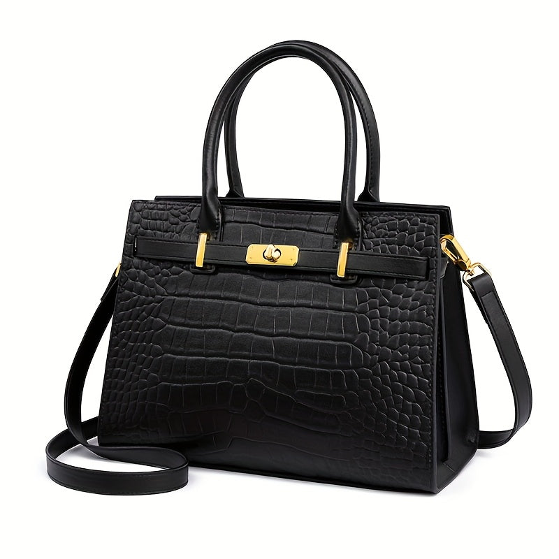 Crocodile-Texture Leather Handbag With Detachable Strap And Zipper