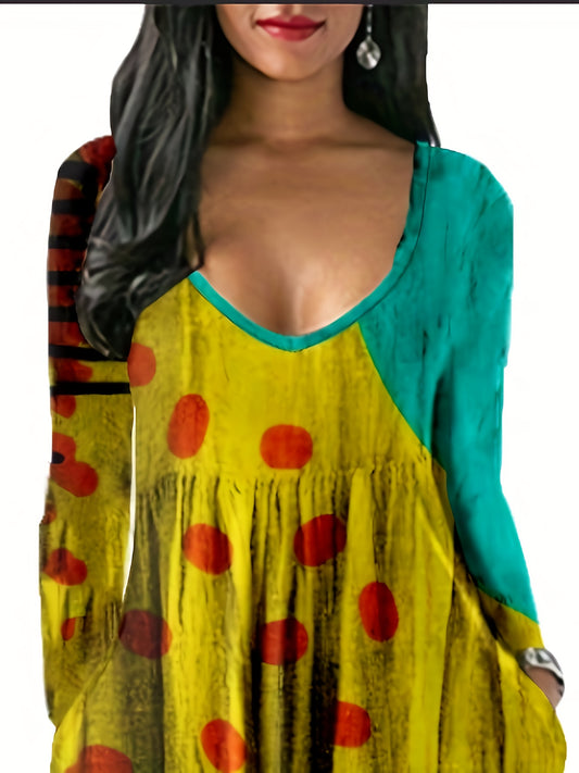 V-Neck Maxi Dress With Long Sleeves A-Line Silhouette