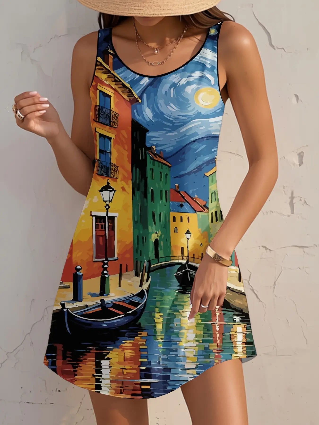 Van Gogh Starry Night Print Dress Women A Line Knee Length Strapless