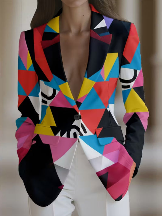 Women's Elegant All Over Print Lapel Collar Jacket With Button Closure