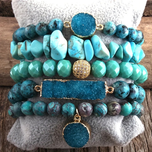 Boho Chic Natural Stone Beaded Bracelet Set Turquoise Zirconia Charms