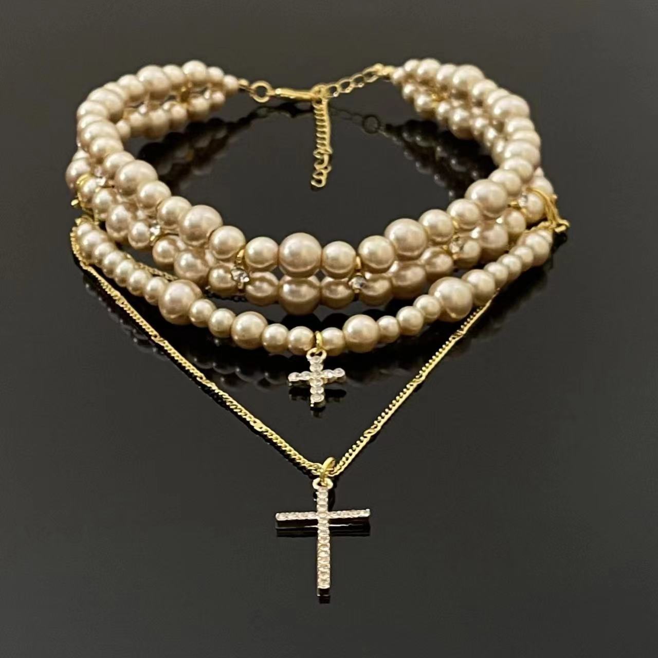 Layered Pearl Cross Pendant Necklace With Sweater Chain