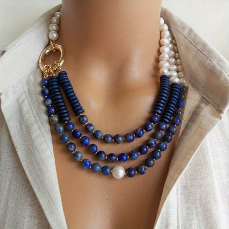 Elegant Freshwater Pearl And Lapis Beaded Necklace Women