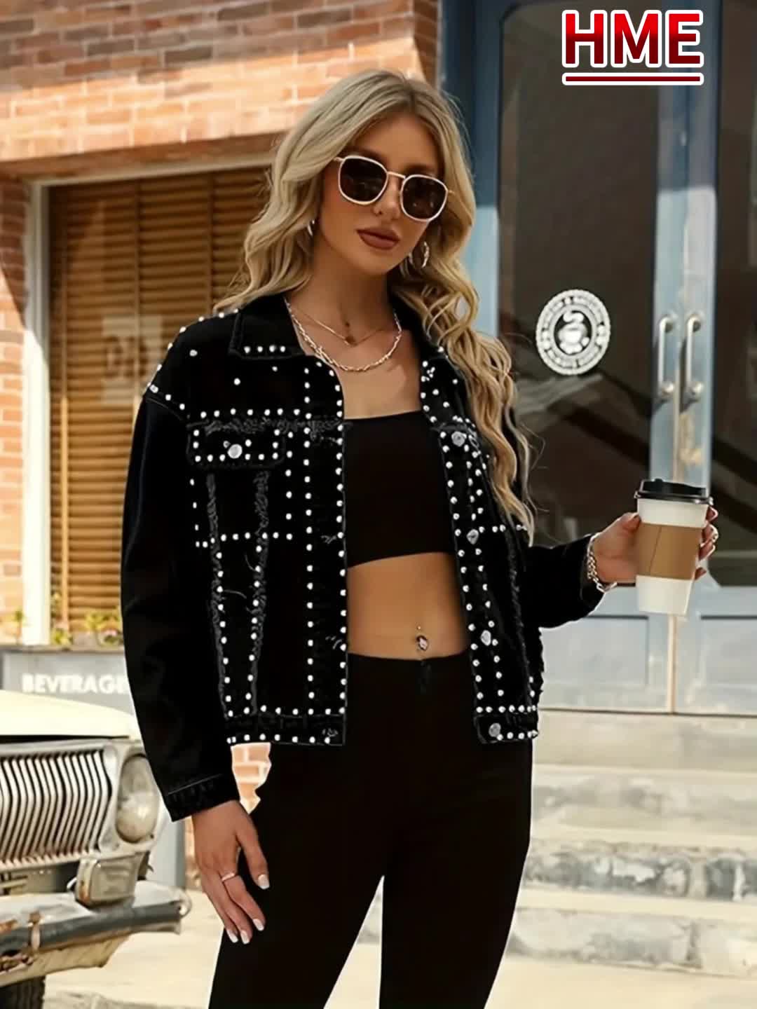 HMEC Studded Denim Jacket Women Biker Style Non Stretch