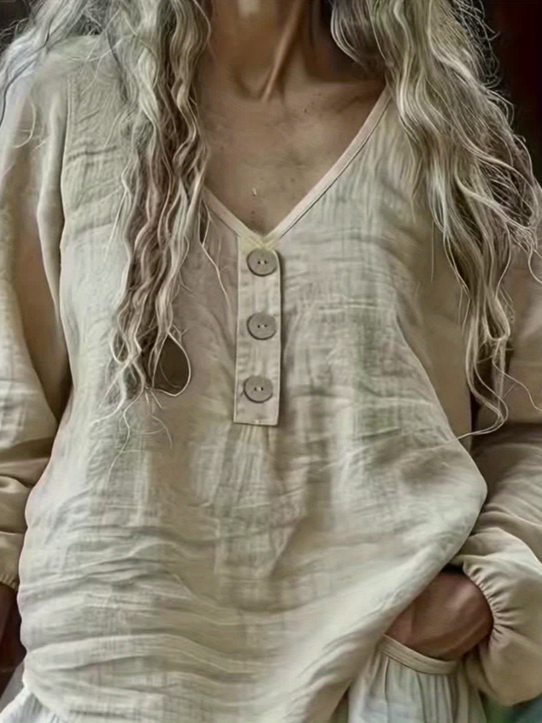 Linen Long Sleeve Vneck Top For Women Button Front Blouse