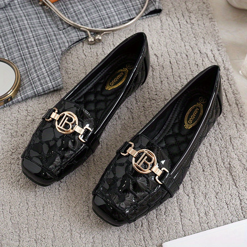Women's Square Toe Loafers With Golden Chain Accent Quilted Flats