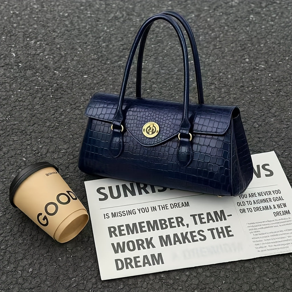 Crocodile Texture Handbag With Gold Tone Turn Lock Convertible Crossbody